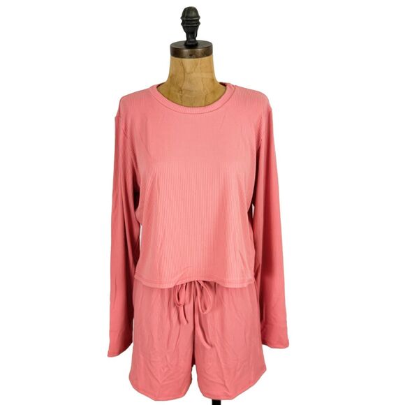 Capella Other - CAPELLA Pajama Loungewear Set L Ribbed Pink Knit Long Sleeve Top / Shorts NWT B3